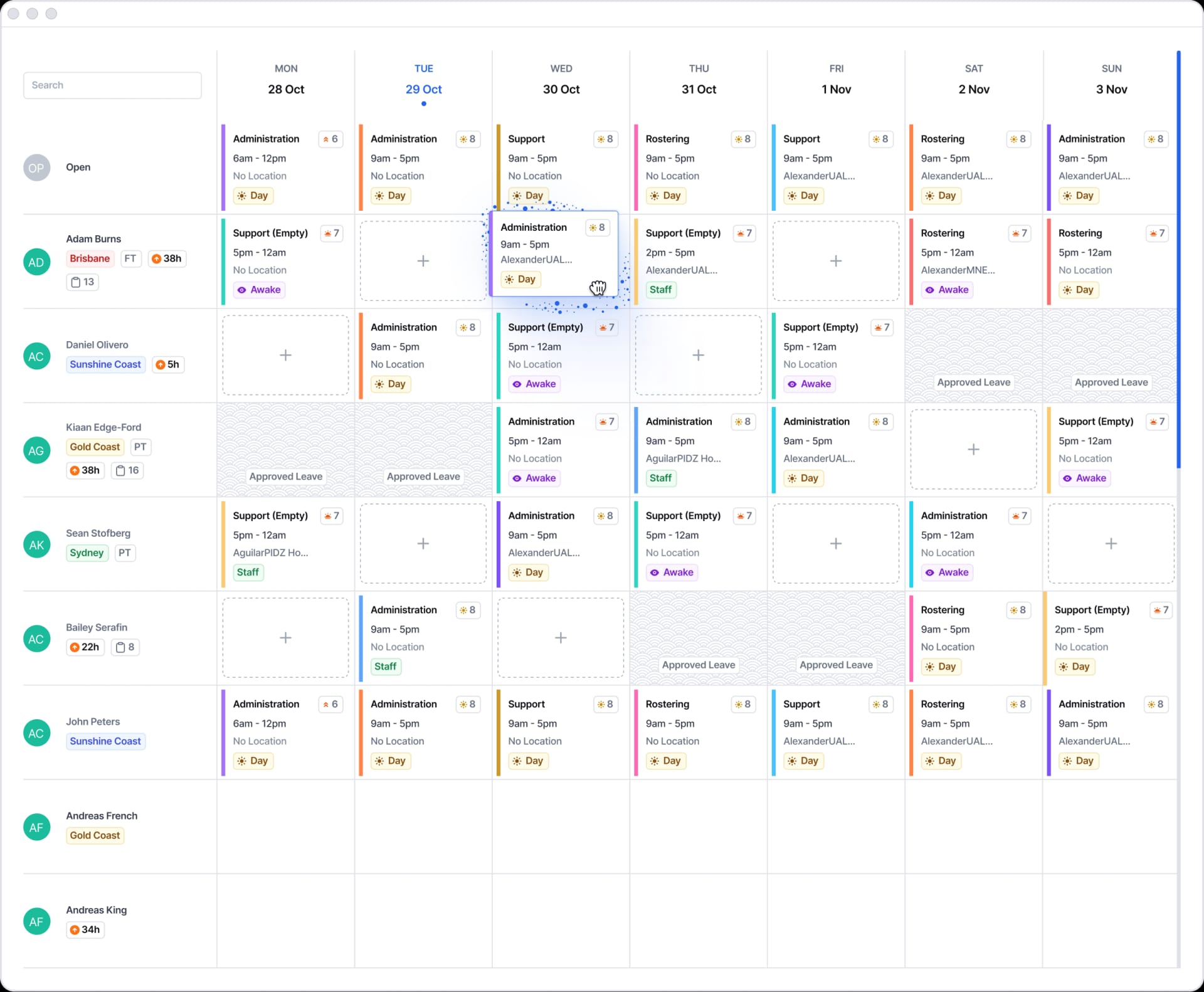 Rostering interface screenshot